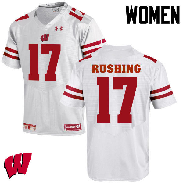 Women Wisconsin Badgers #17 George Rushing College Football Jerseys-White - Click Image to Close